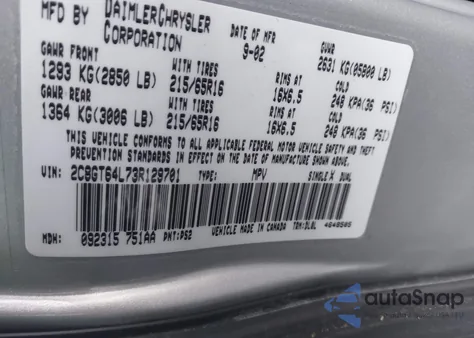 2003 Chrysler Town & Country Limited from USA, damaged, VIN 2C8GT64L73R129701